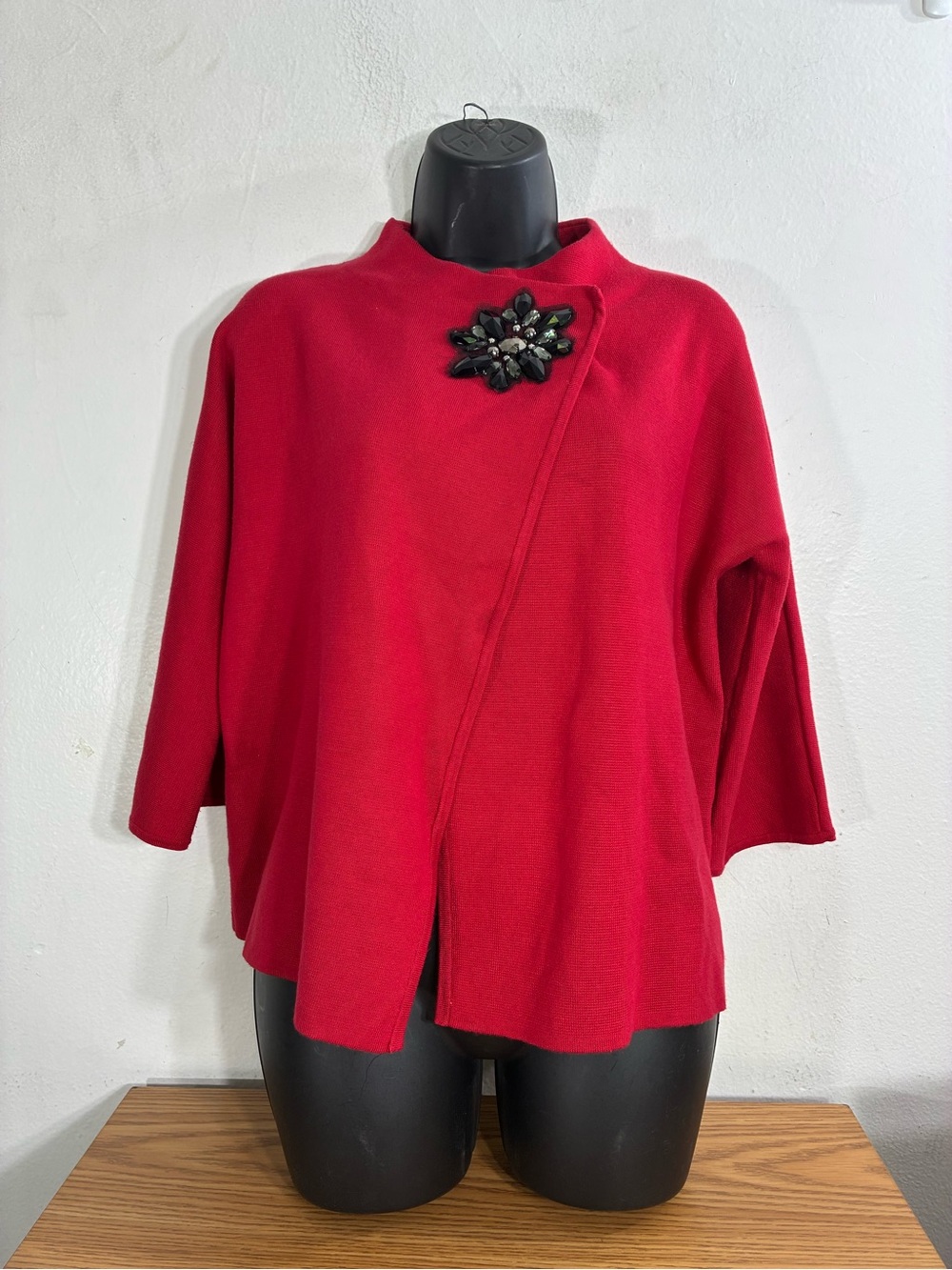 JM Collection Red Wrap Front Knit Jacket with Brooch